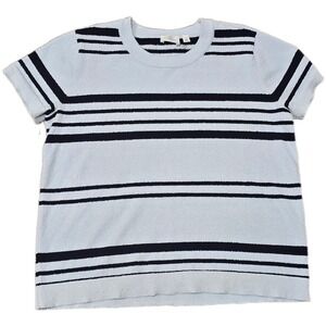 CYRUS Striped Fuzzy Knit Short Sleeve Sweater Light Blue Navy Women's S Casual